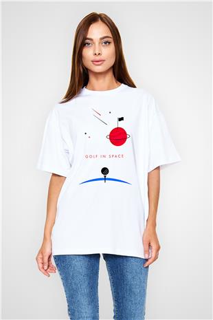 Golf Baskılı Unisex Beyaz Oversize Tişört - Tshirt