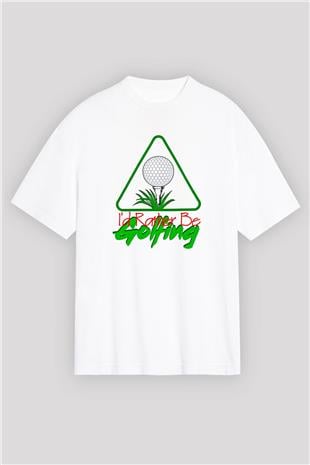 Golf Baskılı Unisex Beyaz Oversize Tişört - Tshirt
