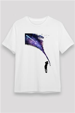 Golf Baskılı Unisex Beyaz Tişört - Tshirt