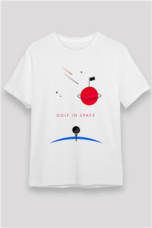 Golf Baskılı Unisex Beyaz Tişört - Tshirt