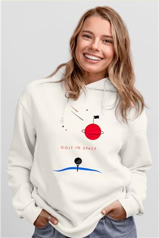 Golf Baskılı Unisex Ekru Hoodie