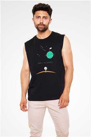 Golf Baskılı Unisex Siyah Kolsuz Tişört