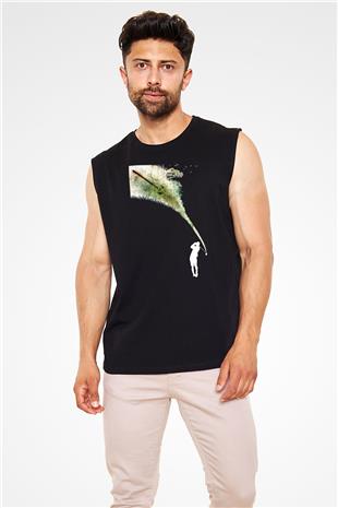 Golf Baskılı Unisex Siyah Kolsuz Tişört