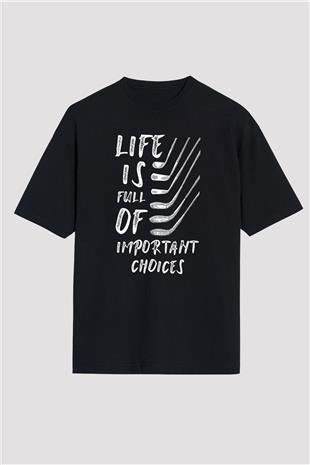 Golf Baskılı Unisex Siyah Oversize Tişört