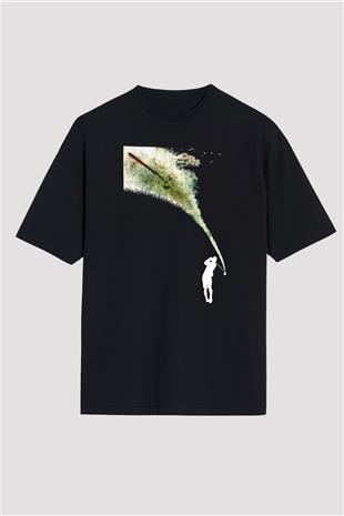 Golf Baskılı Unisex Siyah Oversize Tişört