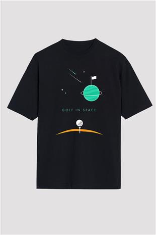 Golf Baskılı Unisex Siyah Oversize Tişört