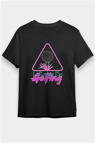 Golf Baskılı Unisex Siyah Tişört - Tshirt
