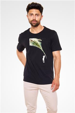 Golf Baskılı Unisex Siyah Tişört - Tshirt