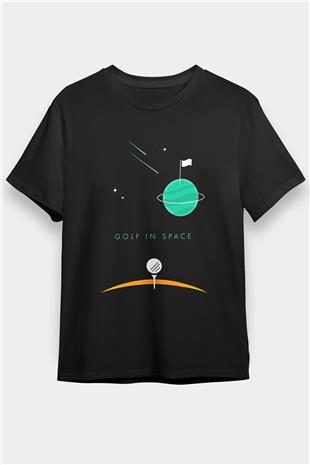 Golf Baskılı Unisex Siyah Tişört - Tshirt