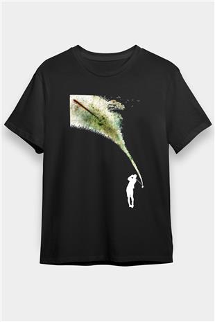 Golf Baskılı Unisex Siyah Tişört - Tshirt