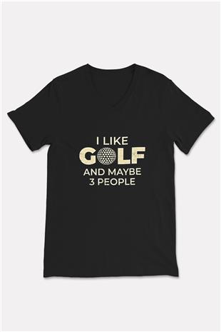 Golf Baskılı Unisex Siyah V Yaka Tişört