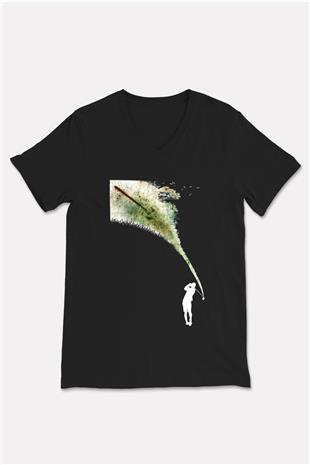 Golf Baskılı Unisex Siyah V Yaka Tişört