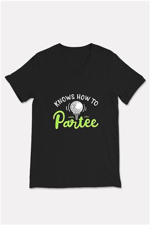 Golf Baskılı Unisex Siyah V Yaka Tişört