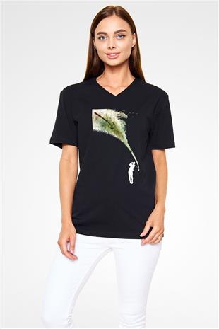 Golf Baskılı Unisex Siyah V Yaka Tişört
