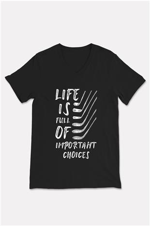 Golf Baskılı Unisex Siyah V Yaka Tişört