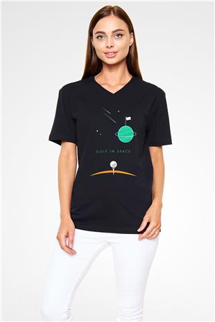 Golf Baskılı Unisex Siyah V Yaka Tişört
