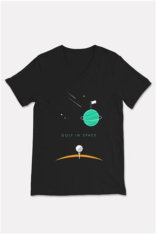 Golf Baskılı Unisex Siyah V Yaka Tişört