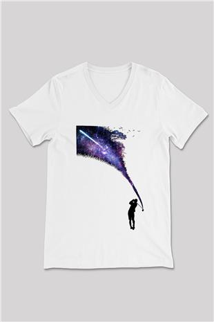 Golf Baskılı Unisex V Yaka Tişört - Tshirt