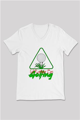 Golf Baskılı Unisex V Yaka Tişört - Tshirt