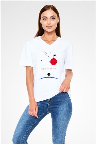 Golf Baskılı Unisex V Yaka Tişört - Tshirt