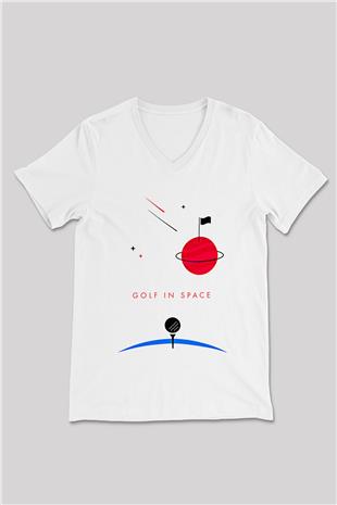 Golf Baskılı Unisex V Yaka Tişört - Tshirt