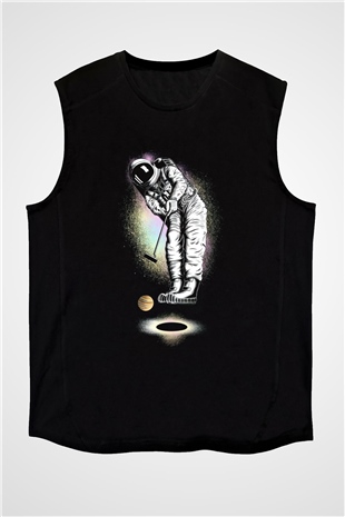 Golf Oynayan Astronot Baskılı Unisex Siyah  Kolsuz Tişört