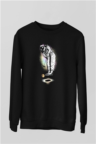 Golf Oynayan Astronot Baskılı Unisex Siyah  Sweatshirt