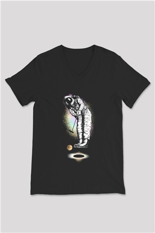 Golf Oynayan Astronot Baskılı Unisex Siyah  V Yaka Tişört