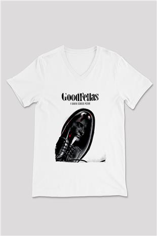 Goodfellas Baskılı Beyaz Unisex V Yaka Tişört - Tshirt