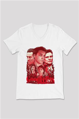 Goodfellas Baskılı Beyaz Unisex V Yaka Tişört - Tshirt