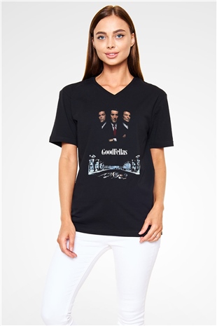 Goodfellas Baskılı Unisex Siyah V Yaka Tişört - Tshirt