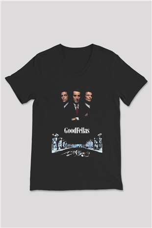 Goodfellas Baskılı Unisex Siyah V Yaka Tişört - Tshirt