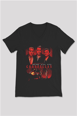 Goodfellas Baskılı Unisex Siyah V Yaka Tişört - Tshirt