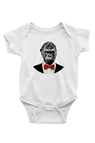 Goril Baskılı Beyaz Unisex Bebek Body - Zıbın