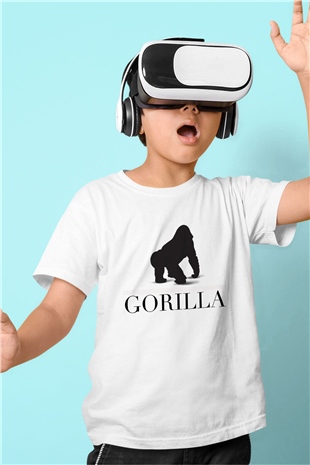 Goril Baskılı Beyaz Unisex Çocuk Tişört