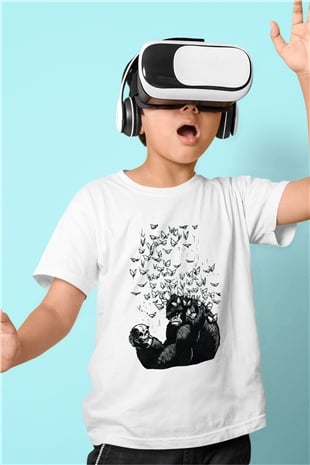 Goril Baskılı Beyaz Unisex Çocuk Tişört