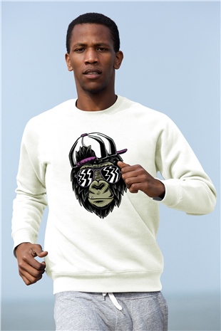 Goril Baskılı Unisex Beyaz  Sweatshirt
