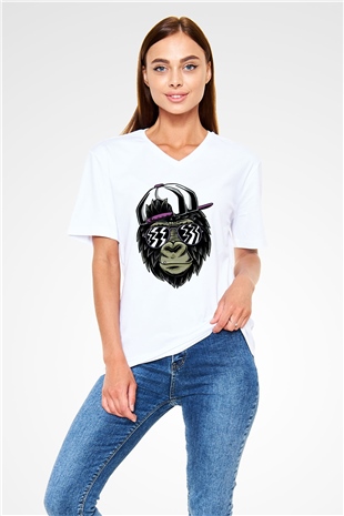 Goril Baskılı Unisex Beyaz  V Yaka Tişört