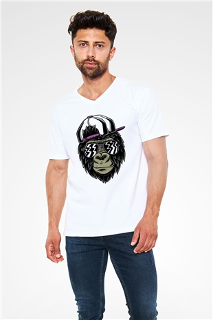Goril Baskılı Unisex Beyaz  V Yaka Tişört
