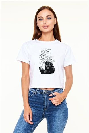 Goril Beyaz Croptop Tişört