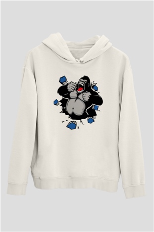 Goril Beyaz Unisex Kapşonlu Sweatshirt