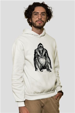 Goril Beyaz Unisex Kapşonlu Sweatshirt