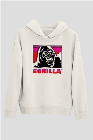 Goril Beyaz Unisex Kapşonlu Sweatshirt