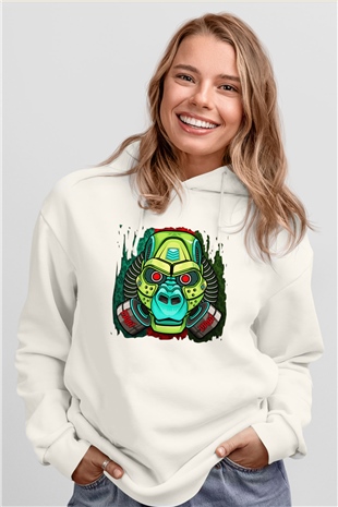 Goril Beyaz Unisex Kapşonlu Sweatshirt