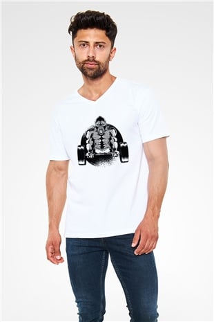 Goril Beyaz Unisex V Yaka Tişört