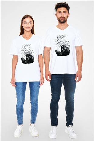 Goril Beyaz Unisex V Yaka Tişört T-Shirt