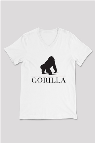 Goril Beyaz Unisex V Yaka Tişört T-Shirt