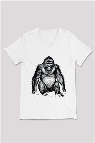 Goril Beyaz Unisex V Yaka Tişört T-Shirt