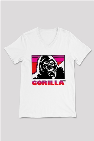 Goril Beyaz Unisex V Yaka Tişört T-Shirt