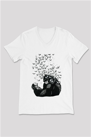 Goril Beyaz Unisex V Yaka Tişört T-Shirt